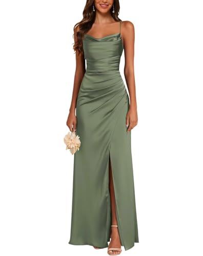 JAEDEN Satin Brautjungfernkleid Spaghettiträger Ballkleider Lang mit Schlitz Meerjungfrau Falte Abendkleider Pastellgrün 36