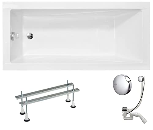 VBChome Acryl Badewanne 160x70 cm Weiß Rechteck Wanne Siphon Wannenfüße Design Modern Ablaufgarnitur in Chrom