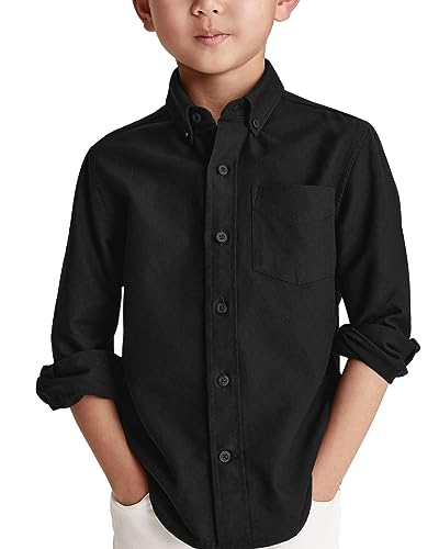 Jungen Langarm Hemden Baumwoll Casual Hemd Kinder Einfarbig Shirt Oberteil mit Brusttasche, Schwarz, 12-14 Jahre