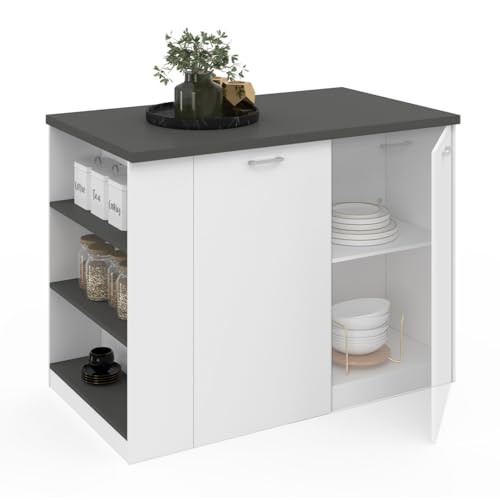 IDMarket - Zentralinsel TIBO 120 cm Holz weiß mit Arbeitsplatte grau anthrazit