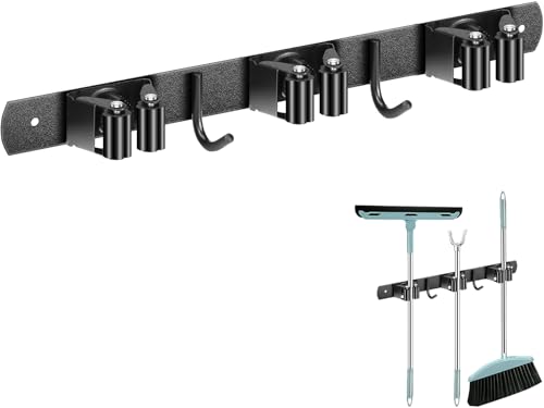 Wandhalterung für Besen, 3 Halter und 2 Haken, Selbstklebende Gerätehalter aus Edelstahl, Schwarz