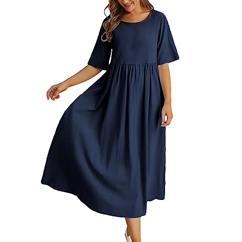 Sommerkleid Leinen Damen Lang V-Ausschnitt Freizeitkleid Strandkleider Boho Kleid A-Linie Kleid Hemdblusenkleid Elegant Boho Lang Sommerkleider Sommerkleid Damen Leicht Lang