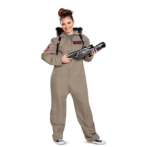 Disguise Adult Deluxe, Official Ghostbusters Afterlife Movie Costume Jumpsuit with Inflatable Proton Pack, Multicolored, Medium (38-40)