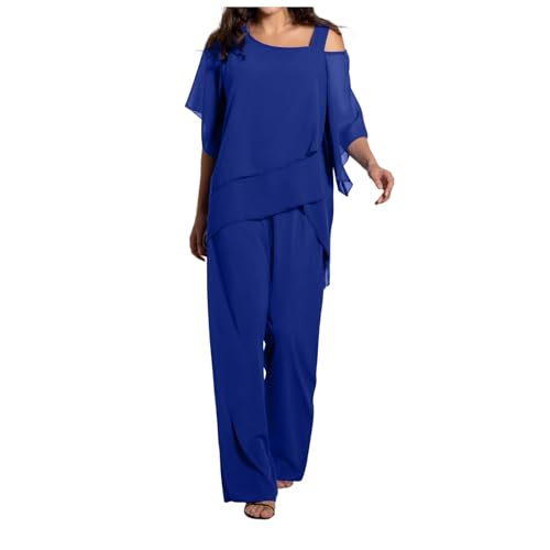 Damen 2025 Hosenanzug Elegant Hochzeit Gäste Hosenanzug 2-teilig Chiffon formelles Outfit Übergröße Abschlussball Abend Zweiteilige Hosenanzug Mutter der Braut Hosenanzug, 20, L