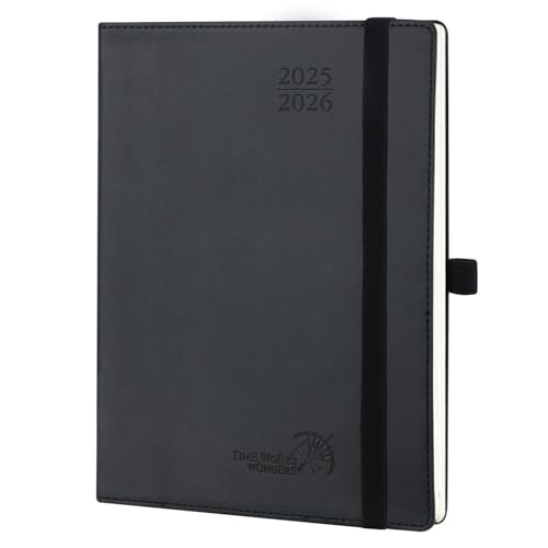 POPRUN Kalender 2025 2026 Wochenplaner (Aug.2025-Dez.2026) Softcover mit PU-Leder, ca. A5 (22 x 16,5 cm), 17-Monate-Terminplaner 1 Woche 2 Seite mit Zertifiziertem Papier - Schwarz