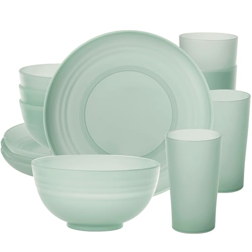 Greentainer Geschirrsets aus Kunststoff (12pcs) | Leichtes und Unzerbrechliches Komplett-Set,Tellerset, Schüsseln,Tassen,Tafel-Service für 4 Person (Grün)