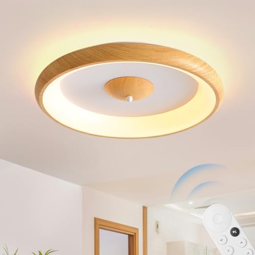 XIN'S Modern LED Deckenlampe Aus Holz Runde Hölzerne Deckenleuchte Mit Fernbedienung 30W Dreifarbig Dimmbar 3000K-6000K Für Wohnzimmer Wohnzimmer Küche Restaurant Korridor Home Office Kinderzimmer