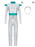 Fldy Mädchen Space Girl Alien Kostüm Metallic Jumpsuit Kopfschmuck Set Space Party Outfit Kinder Karneval Halloween Tanzkleidung Glitzer Tanz Overall Silber 134-140