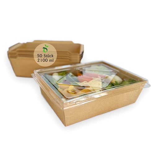 ECOPICNIC 50 Stück Einwegboxen 2100ml Kraftpapier mit Deckel PET | auslaufsicher einweg lunchbox, Sushi Behälter für To Go, Einwegschalen 71 OZ für Partys und Picknicks