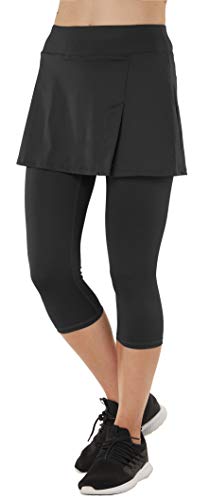 Westkun Tennisrock mit Leggings Damen Sport Leggings mit Rock Seitenschlitz Laufrock mit Rock Caprihose 3/4 Skort with Leggings Tennis Hose mit Rock 2 in 1 Schwarz XL