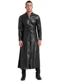 FEESHOW Herren Ledermantel Lang Gothic PU Leder Matrix Mantel Mittelalter Steampunk Militär Blazer Jacke Halloween Karneval Kostüm Schwarz 5XL