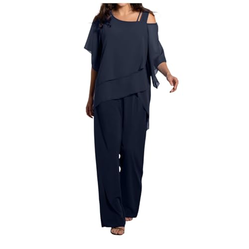 Zweiteiler Damen Elegant Hosenanzug Damen Tüll Abendanzug Sets Zweiteiler Chiffon Shirt Und Hohe Taille Vintage 2-Teiliges Set Outfit Cocktail Festlich Hosenanzug