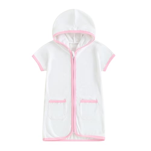 Gaono Baby Mädchen Badeanzug Cover Up Kapuze Reißverschluss Strand Badeanzug Handtuch Coverup Kleinkind Pool Robe Kleid Bademode, 3 x Weiß, Rosa, 3-4 Jahre