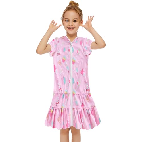 Badeponcho Kinder, Mit Kapuze Badeanzug Mit Rock Saugfähiges Cover Up Strandkleid Sommer Badekleid Mit Reißverschluss Baumwolle Bademantel Teenager Mädchenkleid Frottee Poncho Bademode Schwimmanzug
