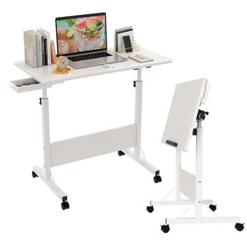 Wohenster Klapptisch Laptoptisch höhenverstellbarer Schreibtisch mit drehbarer Rollen Portable Faltbar PC Tisch Klein Campingtisch klappbar Arbeitstisch, 80x40x65-88cm Weiß Foldable Table für Home