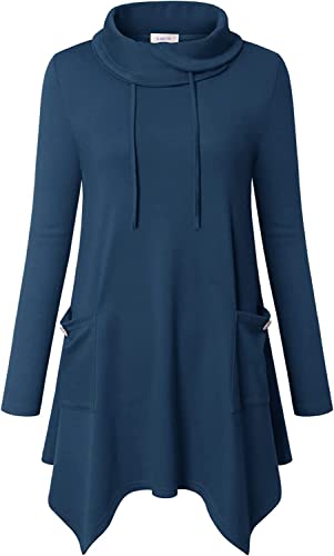 Amrto Damen Bluse Turtleneck Tunika Große Größen mit Asymmetrische Saum Langarmshirts Tops Lange Hemd Pullover mit Taschen, Dunkler Blau L