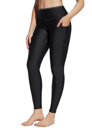 BALEAF Damen Schwimmen Leggings mit Reißverschluss Taschen Swim Wetsuit Rash Guard Hose mit Liner Modest Bademode UPF 50+ Schwarz XL