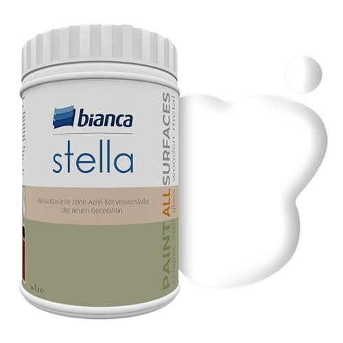 Bianca Stella Möbelfarbe für Küche - Weiß, Glänzend, 1000ml, Wasserbasierter Küchenmöbellack, Premium Acryllack für alle Oberflächen, Renovierungsfarbe Anwendbar auf Holz, Metall & Fliesen