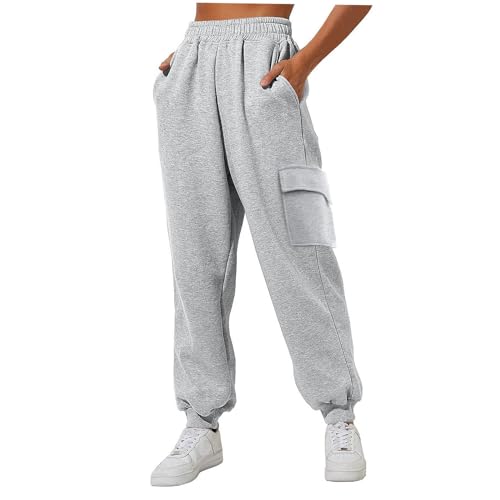 QWUVEDS Damen Sporthose Jogginghose Laufhosen Gummibund Sweathose mit Taschen Stoffhose Lange Yoga Hosen Sweathose mit Taschen High Waist Bequeme Lockere Freizeithose Fitness Loungewear XXL,B3-Grey