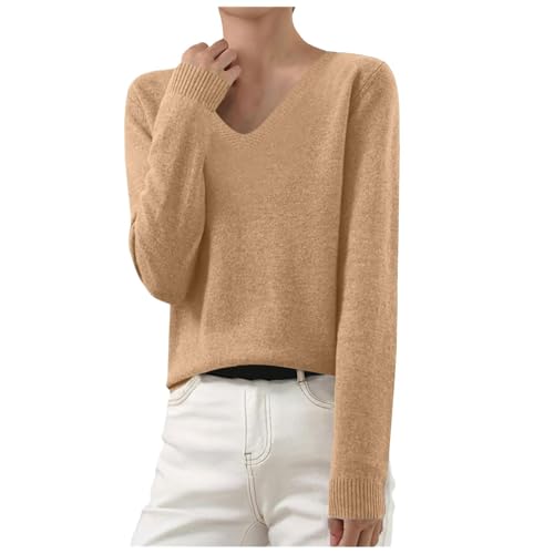 RUYUUEQ Strickpullover Damen Einfarbig Gestrickter Pullover Strickpulli Warmes Langarm Strick Blusentop Feinstrick Tops V-Ausschnitt Autumn Winter Teenager Mädchen Oberteile (Khaki, L)