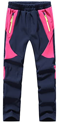 DAFENP Kinder Softshellhose Skihose Warm Gefüttert Thermohose Winter Wasserdicht Winddicht Schneehose Jungen Mädchen Wanderhose KZ2001-Pink1-L, 134-140