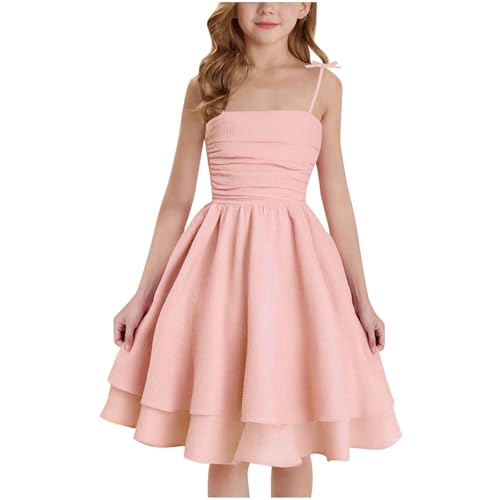 XINYUNZU Mädchen Kleider A-Linie Spaghettiträger Sommerkleid Elegant Festliches Kleid Einfarbig Kinder Freizeitkleid Ärmellos Party Prinzessin Kleid für 8-14 Jahre Rosa 10-11 Jahre