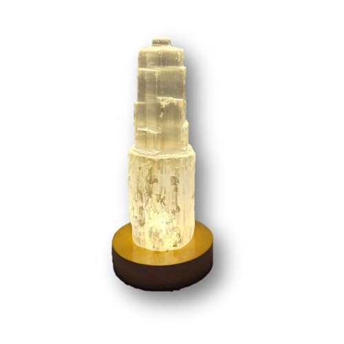 Selenit Kristall Turm, LED Beleuchtung ca.8 mm dm, Edelstein Natur belassen, Gips Kristall Spitze