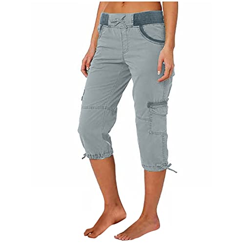 EMATOP 3/4 Sporthose Damen Sommer Cargohosen Regular Fit Einfarbig Freizeithose Hohe Taille Vintage Caprihose Jogginghose mit Taschen Arbeitshose Kurze Sommerhosen Pumphose Stoffhose