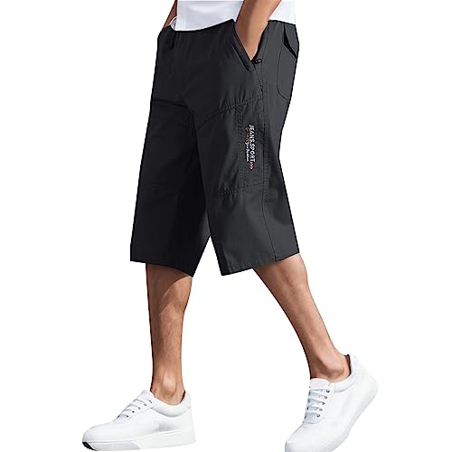 Herren Baumwolle Vier Jahreszeiten Mode Einfache Einfarbige Elastische Taille Overalls Casual Hosen Shorts Cargo Hosen Man Cargo Hosen Herren Kurze Hosen Herren Sommer Sporthosen Herren (Black, XXXXL)