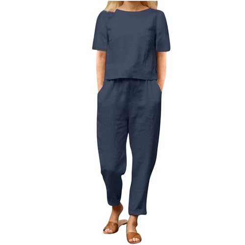 EMATOP Damen Lässiges Leinen Outfits Sommer Zweiteilige Freizeitanzug Baumwolle Leicht Hosenanzug Lose Kurzarm Tshirt und Hose Tracksuit mit Taschen Jogginganzug Sportanzug angebote des tages heute