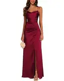 JAEDEN Satin Brautjungfernkleid Spaghettiträger Ballkleider Lang mit Schlitz Meerjungfrau Falte Abendkleider Wein Rot 36