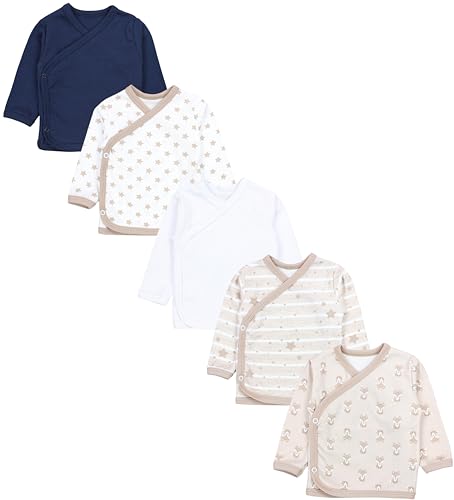 TupTam Baby Jungen Langarm Wickelshirt Baumwolle 5er Set, Farbe: Fuchs Beige Sterne Streifen Weiß Dunkelblau, Größe: 50