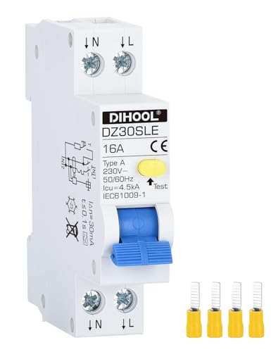 DIHOOL FI/LS Schutzschalter 16A 30mA 0.03 2-polig RCBO C16A Fehlerstromschutzschalter mit 18mm Breite | Bidirektionaler Anschluss FI LS Schalter