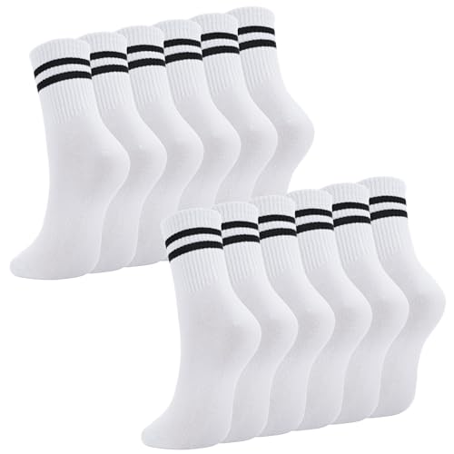 Utensilsto 6 Paare Damen Socken Weiß Sportsocken Tennissocken Sport Socken mit Streifen Baumwolle Socken Damen