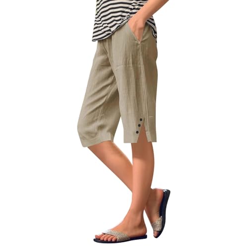 Elegante Hose Damen Stretch Lässige Lose Strandshorts Mit Taschen Yoga(Khaki,L)