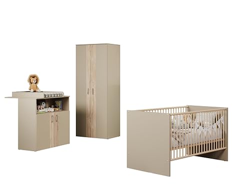 trendteam smart living - Berry - Babyzimmermöbel-Set (Wickelkommode + Kleiderschrank + Kinderbett) - Beige/Eiche Sägerau - Bett höhenverstellbar von 19 auf 51,8 cm
