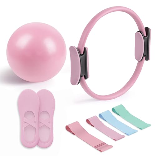 Pilates Essential Kit - Portable Fitness Equipment - with Toning Pilates Ring & Long Resistance Bands & Pilates Loop Bands & Soft Pilates Ball & Pilates Grip Socks (Pink)