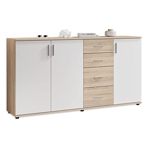 Stella Trading BOBBY Kommode in Eiche Sonoma Optik, weiß - Modernes Sideboard mit viel Stauraum für Ihren Wohnbereich - 160 x 82 x 35 cm (B/H/T)