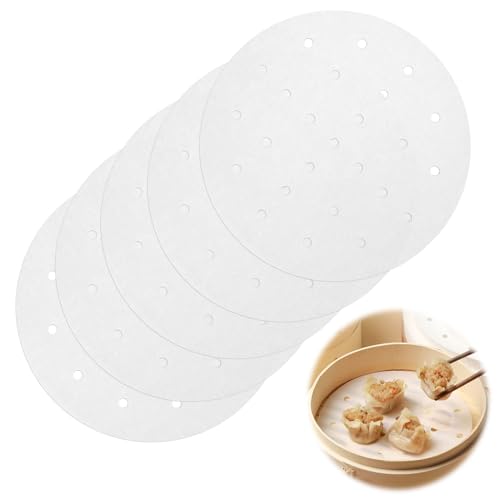 200 Stück Dim Sum Papier, Perforiertes Backpapier, Rund Perforiert Pergament, Dumpling Steamer Paper, Dampfgarer Papier für Bambus Dämpfen Matte, Dampfkorb Von Brot 20 cm/8 inch Weiß