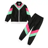 FYMNSI 80er 90er Jahre Outfit Mädchen Jungen Trainingsanzug Jacke Hose Anzug Kinder Bad Taste Outfits Retro Jogginganzug Party Kostüm für Karneval Fasching Halloween Schwarz 2-4 Jahre