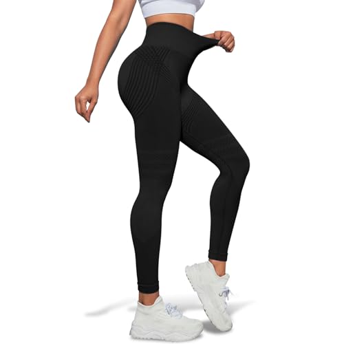 Bafiwu Anti Cellulite Leggings Sport Leggings Damen Lange Blickdicht Kompressions Yoga Leggings Booty Lifting Shaping Hohe Taille Fitness Sporthose (M, Schwarz)