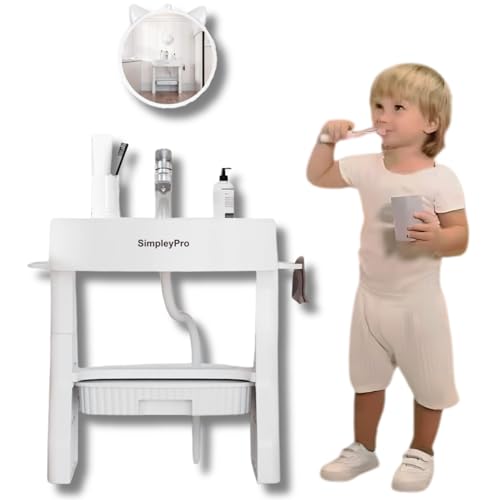 SimpleyPro Kinderwaschbecken mit Wasserpumpe und Spiegel, Besser als Tritthocker & Lernturm ohne Herunterfallen, mobiles Waschbecken, Wasserspieltisch, Kinder Waschbecken Badewanne, Zahnputzstation