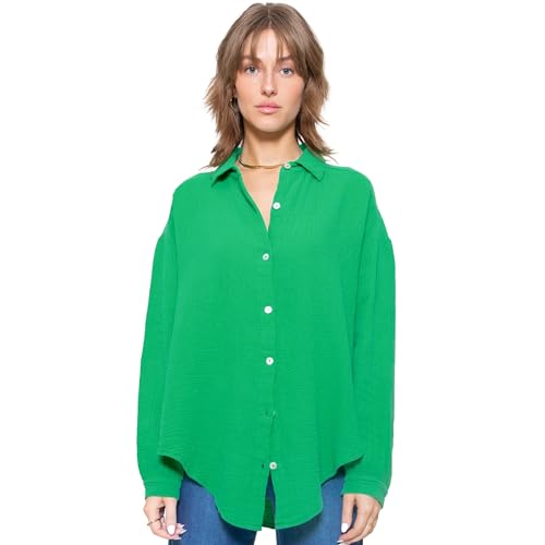 SASSYCLASSY Oversize Musselin Bluse Damen Langarm in Frühlingsgrün - Oversized Freizeit Look - Hemdbluse lang aus Baumwolle mit V Ausschnitt - One Size (Gr. 36-48)