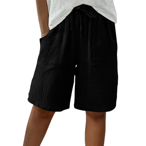 Kurze Hose Damen Sommer Leinen - Musselin Shorts mit Tunnelzug und Taschen knilang Bermudashorts High Waist Damen-Shorts Gerades Bein Freizeitshorts Lässige Strandshorts Baggy Sportshorts