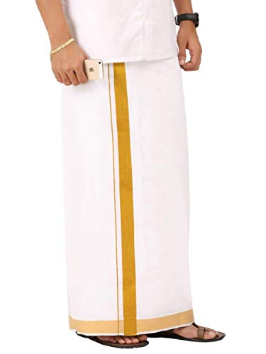 Stylesindia Baumwolle Doppelschicht 3,60 Meter Dhoti mit Breite Goldene Zari Grenze Vesti Mundu Indien Ethnische Kleid Bräutigam Tragen, Weiss/opulenter Garten, Einheitsgröße