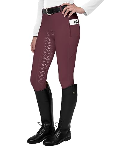 FitsT4 Sports Damen Reitleggings Silikon Vollbesatz Reithose mit Handytasche und Gürtelschlaufen,Rot,Gr.S