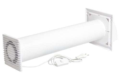 SYSTERM Abluftset Ø 100 mm mit Ventilator, Lüftungsanlage und Außenlüftung Wetterschutzgitter. Kleiner, leiser Lüfter-Set, Lüftungsrohr Ø 100 mm für Wände bis 500 mm Dicke. (Weiß)