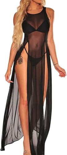 Najiny Sexy Kleid aus transparentem Netzstoff mit hoher Öffnung, langes Bikini Cover Up für Bikini, Netzoberteile, Strandbekleidung, Strandkleid für Damen, Schwarz , One size