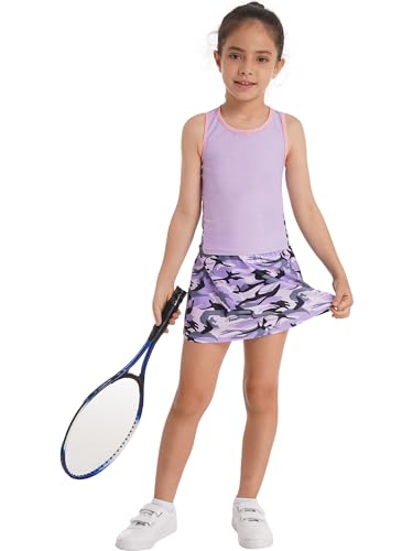 YiZYiF Kinder Mädchen Tennis Set Sportkleid Golf Tennisrock Skort Mit Racerback Shirt Workout Fitness Laufen Tanz Badminton Kleidung Camouflage-Lila 134-140