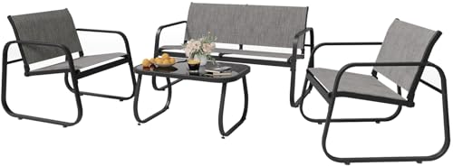 UDPATIO Gartenmöbel Set, Balkonmöbel Set 4 Personen, Garten Sitzgruppe mit Tisch, Sofa und 2 Sesseln, Wetterfest, Kleine Gartenmöbel Outdoor für Balkone, Terrassen, Innenhöfe, Grau